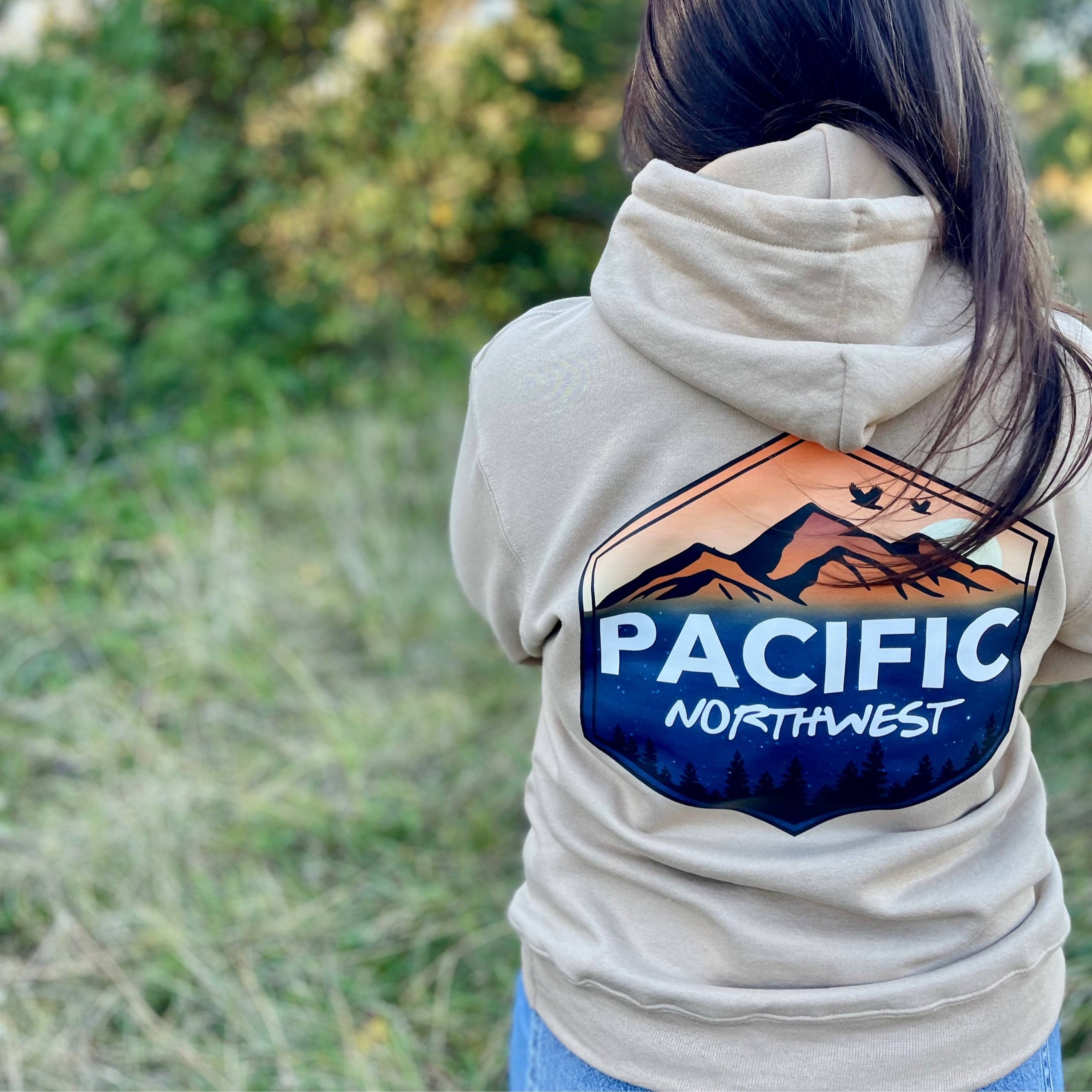Our most popular Pacific Northwest full color tan hoodie